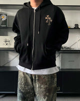 CN leopard patch hooded zip-up