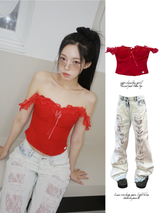 off-shoulder frill corset pad tube top