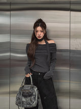 [Muffler set] レイオフショルダーストライプロングスリーブ
