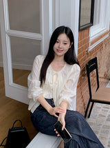 #Autumn Lace Ribbon Long Sleeve Blouse (2color)