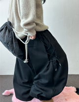 Rope Line Ribbon Side Semi Balloon Wide Pants 🖤🤍 2COLOR