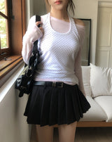 ミンツマザーオブパールボタンドットホルタースリーブレストップ