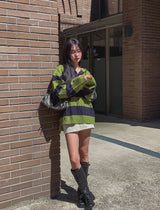 Stripe cable hood warmer knitwear