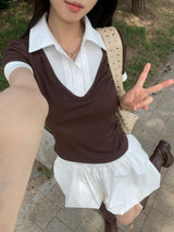 Cafe Layered Pintuck Shirt Brown Short Sleeve Tee (Brown)