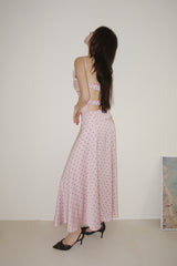 pink silk dot backless skirt two-piece