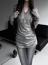 rika shirring V-neck printing T