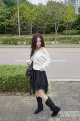 Deep cotton lace unbalanced midi skirt