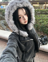 Low Washing Crop Fur Hood Zip-Up