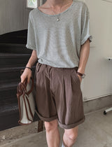 ボニーリネンストライプUネック半袖Tシャツ