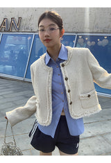 No Collar Round Tweed Loose Fit Jacket