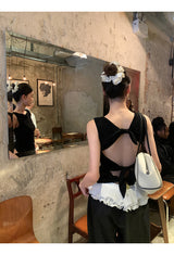Rose Black Backless Sleeveless T-shirt