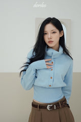Sky blue high-neck button long-sleeved knitwear