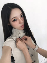 Newji Diagonal Button High-Neck Blouse Shirt