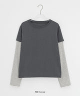 [BAONHAUS] Crein Stripe Color Matching Layered Long Sleeve Tee