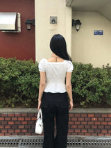 Romy Square Lace Ribbon Puff Smoke Blouse