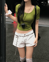 オリーブ ダイアリー ボタン Uネック スリムフィット Tシャツ