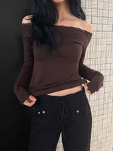 Lace edge off shoulder slim top(3color)