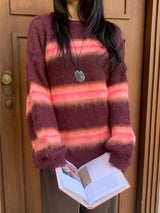 Hazy Hairy Stripe Loose Rose-Fit Knit