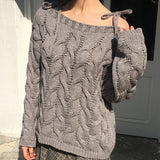 Uns Ribbon Strap Off-Shoulder Loose Fit Twisted Knitwear