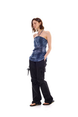 POCKET PRINTING HALTERNECK DRESS / BLUE