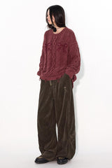 Heavy industry water-washed hand-distressed cable-knit sweater