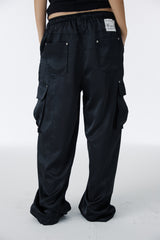 SATIN WIDE CARGO PANTS	(BLACK)