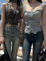 Lace frill front button ribbed sleeveless top (4 colors)