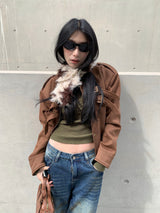 Suede lace-up no-collar jacket