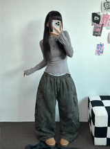 FLEECE/STRING TWO CARGO RIVET WIDE BALLOON LONG PANTS💚🤎🖤🩶4COLOR