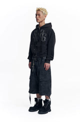Washed Leather Patch Hooded Zip-Up - Black