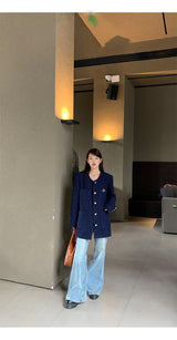 Renee Navy No Collar Round Half Coat