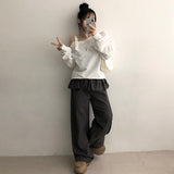New V Unbalanced Off-Shoulder Snap Strap Sweatshirt