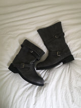 Two-Buckle Shirred Biker Boots