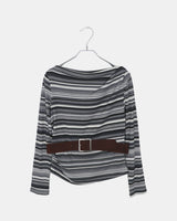 Bomin Off-Shoulder Shirring Stripe Long-Sleeve T-Shirt