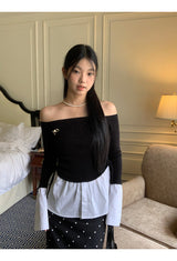 シューズレイヤードシャツオフショルダーロングスリーブTシャツ