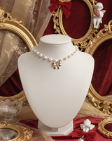 Adorable Ribbon Pearl Choker Necklace - Gold