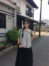 Odile Double Button Puff Check Collar Shirt Blouse