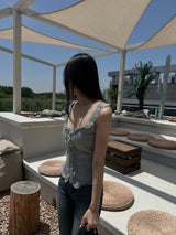 Lace frill front button ribbed sleeveless top (4 colors)