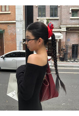 Black Unbalanced Long-Sleeved Knitwear Frill Dress