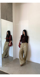Khaki brown line wide cotton pants