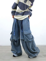 RELABEL (RE-MAKE) Double-Waist, Splashed-Ink, Washed, Distressed Ice-Blue Cargo Sweatpants