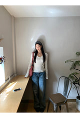 Pearl Bow V-neck V-neck V-neck Long Sleeve T-shirt