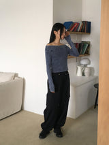 Tinted denim washed unbalanced off-shoulder t-shirt