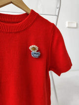 Tours Flower Decor Round Neck Wool Short Sleeve Knit