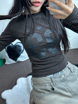 ストライプダメージプリンティングタトゥークロップロングスリーブTシャツ 💚🖤🤎3カラー