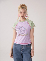 コントラストカラープリンティドラウンドネック半袖Tシャツ