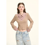 [GirlyFancyClub] high-intelligence miu style*pink and brown striped small lapel faux two-piece knitted top for