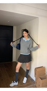 Collar Layered V-neck Long-Sleeved Knitwear