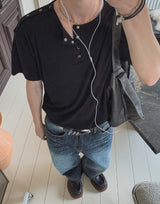 ネビショルダースナップヘンリーネックショートスリーブTシャツ