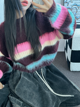 STRIPE CROPPED ANGORA KNIT 🩷🤎🩵🩶2COLOR